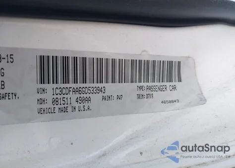 2016 Dodge Dart Se z USA, uszkodzony, nr VIN 1C3CDFAA6GD533943